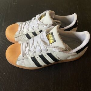 Adidas White and Tan Sneakers with Gum Sole